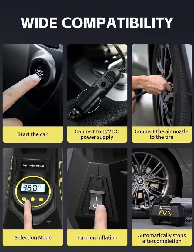 Alt view image 6 of 7 - Tire Inflator Portable Air Compressor, 9.8Ft Cord-12V DC-Powered Air Pump for Car Tires, Car Accessories-Auto Fast Pump with Digital Pressure Gauge, LED Light for Car, Motorcycle Bicycle Ball Balloons