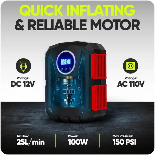 Alt view image 5 of 7 - Tire Inflator Portable Air Compressor, Air Pump for Car Tires and Bikes, Car Tire Pump w/Auto Shut Off, 150 PSI, 110V AC 12V DC, LED Light, Carrying Case, Perfect for Men, Women