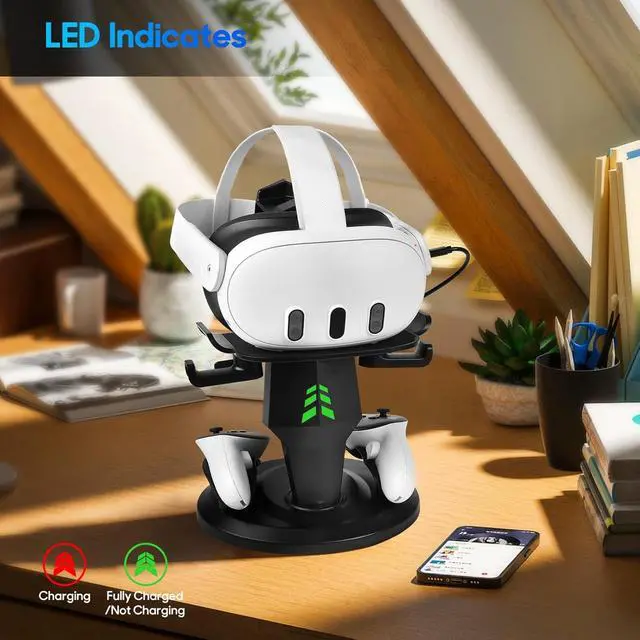 Alt view image 2 of 6 - VR Charging Dock for Meta Quest 3S/Quest 3/Quest 2, Vertical VR Stand & Charging Station, Fast Charge Headset with Type-C Cable, Supports Controllers with Grip Covers & Elite Straps