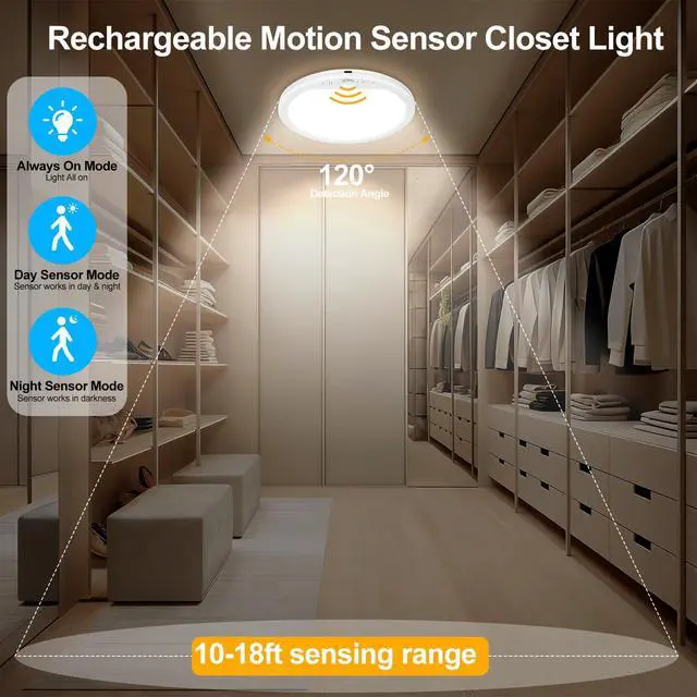 Alt view image 3 of 6 - 2 Pack Rechargeable Motion Sensor Ceiling Light with Remote, Battery Operated Closet Light Wireless Magnetic Stick-on Night Light, 3 Color Temperatures & Dimmable for Pantry, Shed, Hallway