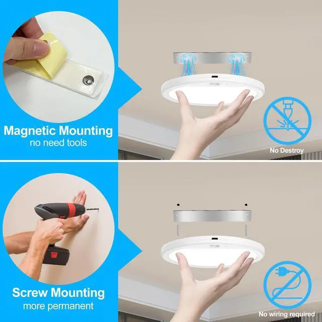 Alt view image 5 of 6 - 2 Pack Rechargeable Motion Sensor Ceiling Light with Remote, Battery Operated Closet Light Wireless Magnetic Stick-on Night Light, 3 Color Temperatures & Dimmable for Pantry, Shed, Hallway