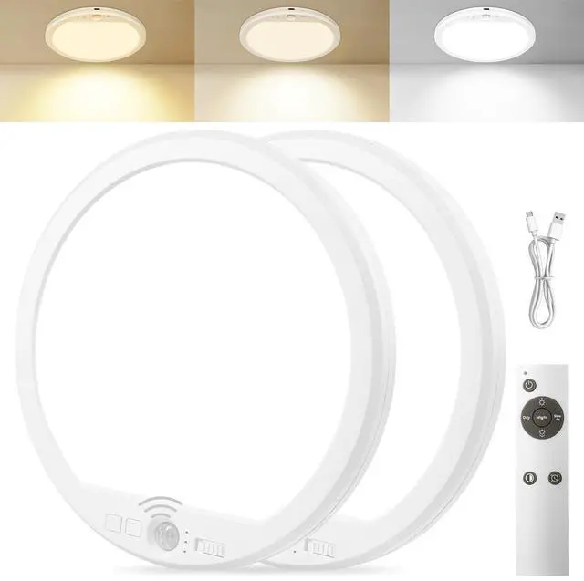 Main image of 2 Pack Rechargeable Motion Sensor Ceiling Light with Remote, Battery Operated Closet Light Wireless Magnetic Stick-on Night Light, 3 Color Temperatures & Dimmable for Pantry, Shed, Hallway