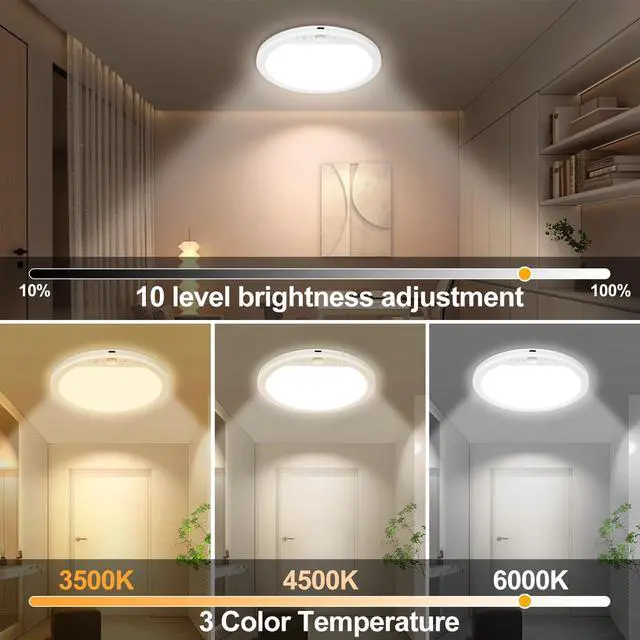 Alt view image 2 of 6 - 2 Pack Rechargeable Motion Sensor Ceiling Light with Remote, Battery Operated Closet Light Wireless Magnetic Stick-on Night Light, 3 Color Temperatures & Dimmable for Pantry, Shed, Hallway