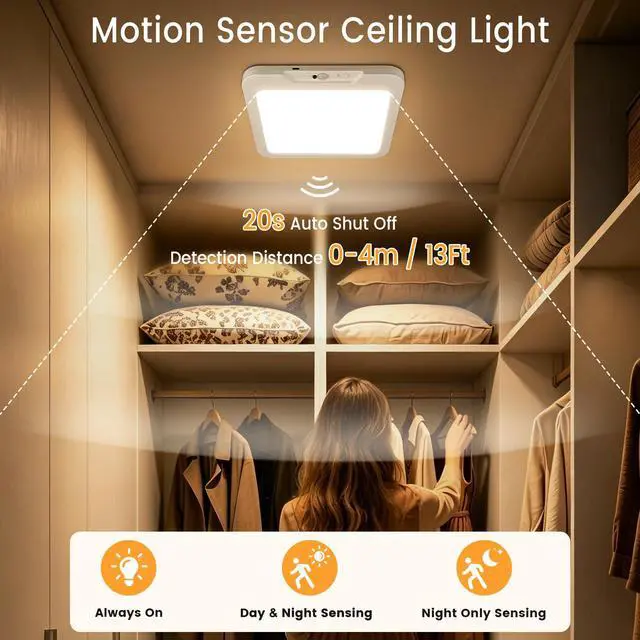 Alt view image 6 of 7 - 7'' Rechargeable Motion Sensor Closet Light Indoor, IP44 Waterproof Magnetic Wireless Battery Operated Ceiling Light with Remote for Shower Stairs Hallway Porch Pantry Garage