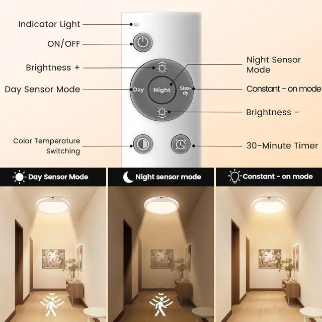 Alt view image 4 of 7 - 7'' Rechargeable Motion Sensor Closet Light Indoor, IP44 Waterproof Magnetic Wireless Battery Operated Ceiling Light with Remote for Shower Stairs Hallway Porch Pantry Garage