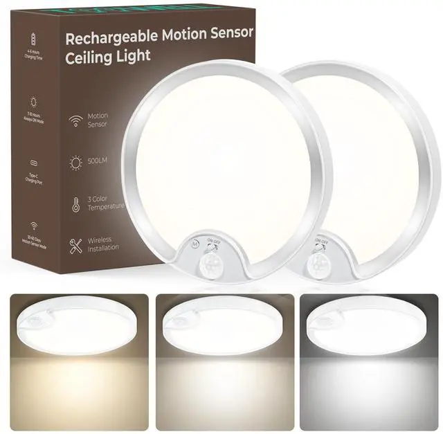 Main image of Rechargeable Motion Sensor Ceiling Light: Closet Lights Motion Sensored, Battery Operated Shower Light for Closet Shower Bathroom Pantry Porch 500LM, No Wired, 2 Pack