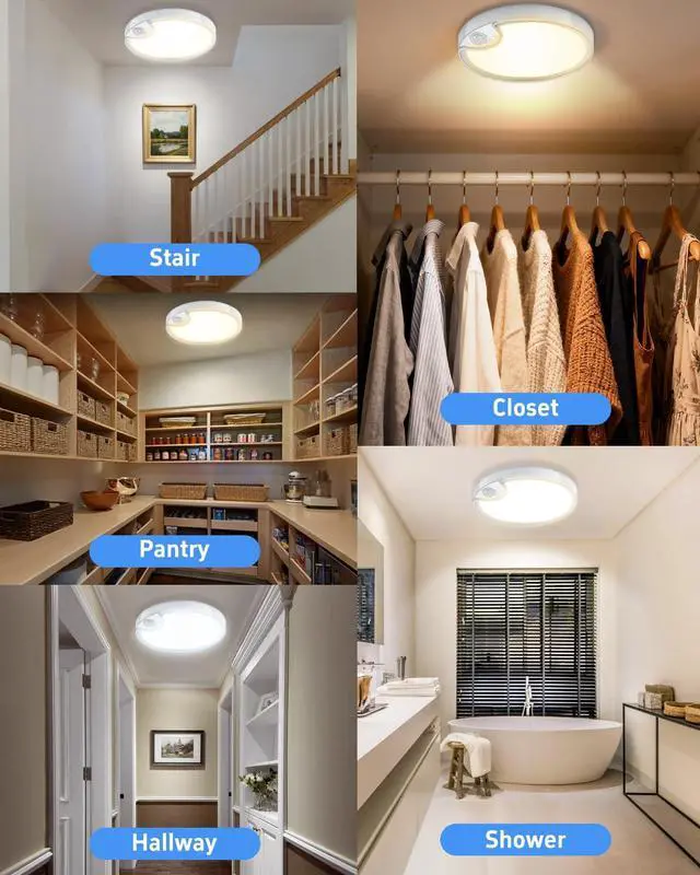 Alt view image 3 of 7 - Rechargeable Motion Sensor Ceiling Light: Closet Lights Motion Sensored, Battery Operated Shower Light for Closet Shower Bathroom Pantry Porch 500LM, No Wired, 2 Pack