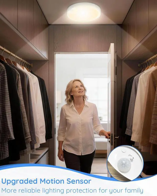 Alt view image 4 of 7 - Rechargeable Motion Sensor Ceiling Light: Closet Lights Motion Sensored, Battery Operated Shower Light for Closet Shower Bathroom Pantry Porch 500LM, No Wired, 2 Pack