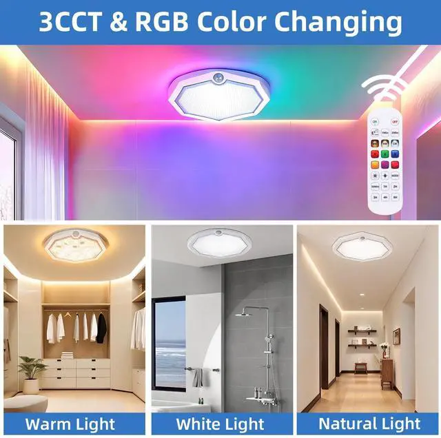 Alt view image 2 of 7 - Rechargeable Motion Sensor Ceiling Light Battery Operated, Cordless RGB Shower Light, 3CCT Closet Lighting, Dimmable LED Lights for Kitchen Dorm Hallway Bedroom Bathroom, 7.8 Inch