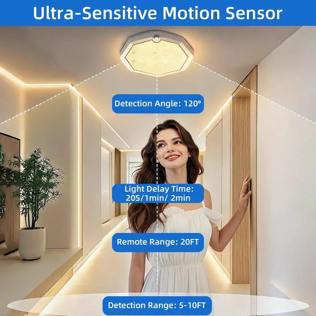 Alt view image 6 of 7 - Rechargeable Motion Sensor Ceiling Light Battery Operated, Cordless RGB Shower Light, 3CCT Closet Lighting, Dimmable LED Lights for Kitchen Dorm Hallway Bedroom Bathroom, 7.8 Inch