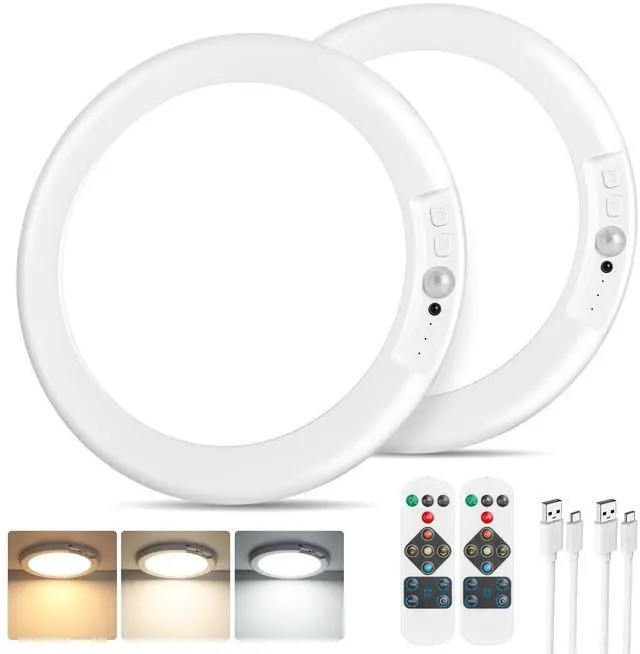 Main image of Rechargeable Motion Sensor Ceiling Lights with Remote, Battery Operated Closet Lights No Wiring, Wireless LED Shower Lights, 3 Colors Dimmable Overhead Lamps for Closet Shower Pantry Hallway, 2 Pack