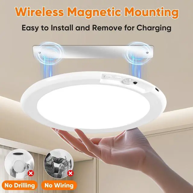 Alt view image 3 of 7 - Rechargeable Motion Sensor Ceiling Lights with Remote, Battery Operated Closet Lights No Wiring, Wireless LED Shower Lights, 3 Colors Dimmable Overhead Lamps for Closet Shower Pantry Hallway, 2 Pack