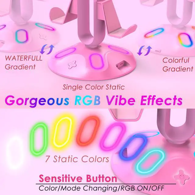 Alt view image 2 of 7 - Gaming RGB Headphone Stand, Controller Holder with 9 Light Modes - Headset Stand with 2 USB Charging Ports and 3.5mm & Type-C - Controller Stand Hanger Accessories for Desk and Gamer(Pink)
