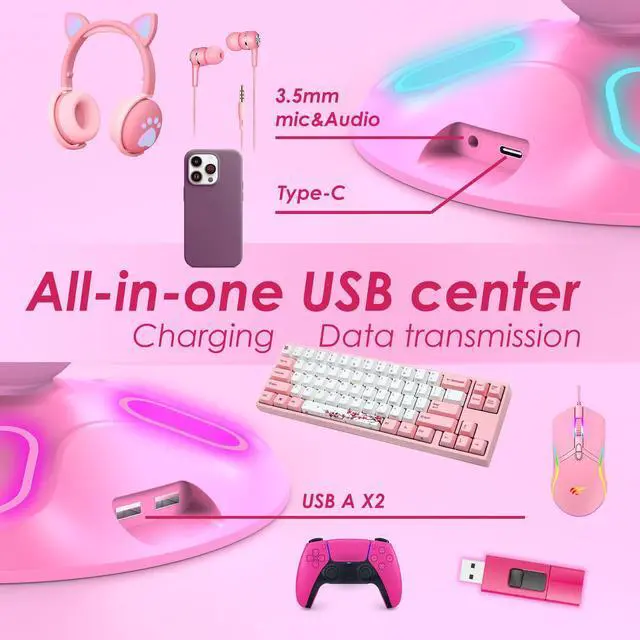 Alt view image 3 of 7 - Gaming RGB Headphone Stand, Controller Holder with 9 Light Modes - Headset Stand with 2 USB Charging Ports and 3.5mm & Type-C - Controller Stand Hanger Accessories for Desk and Gamer(Pink)