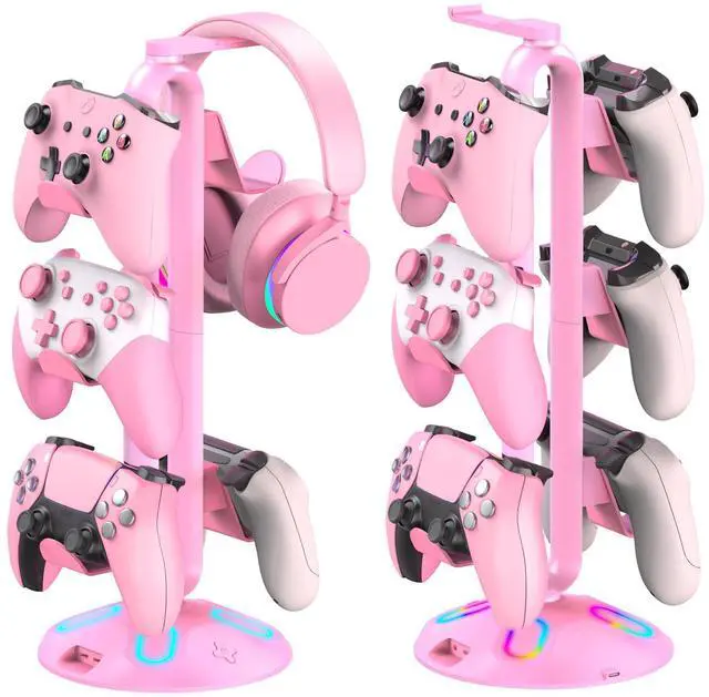 Main image of Gaming RGB Headphone Stand, Controller Holder with 9 Light Modes - Headset Stand with 2 USB Charging Ports and 3.5mm & Type-C - Controller Stand Hanger Accessories for Desk and Gamer(Pink)