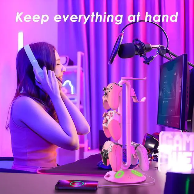 Alt view image 4 of 7 - Gaming RGB Headphone Stand, Controller Holder with 9 Light Modes - Headset Stand with 2 USB Charging Ports and 3.5mm & Type-C - Controller Stand Hanger Accessories for Desk and Gamer(Pink)