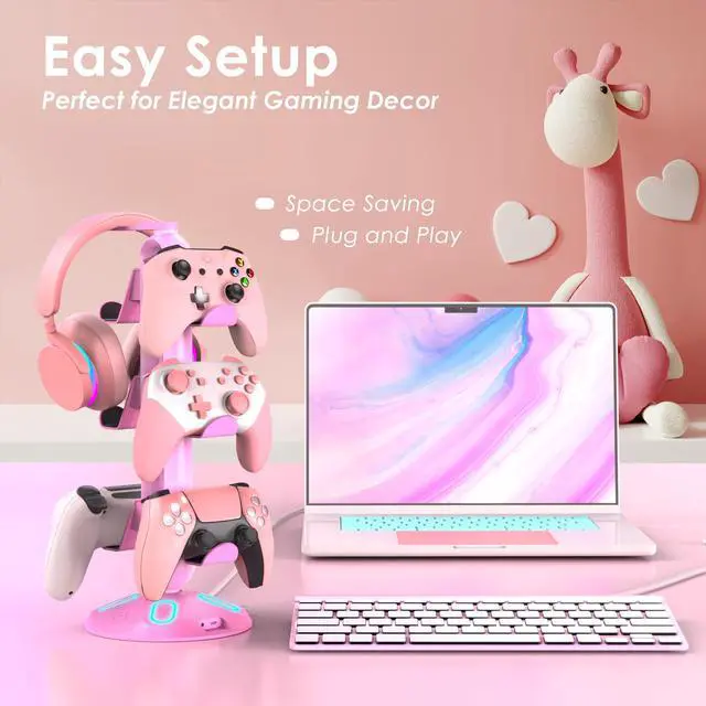 Alt view image 5 of 7 - Gaming RGB Headphone Stand, Controller Holder with 9 Light Modes - Headset Stand with 2 USB Charging Ports and 3.5mm & Type-C - Controller Stand Hanger Accessories for Desk and Gamer(Pink)
