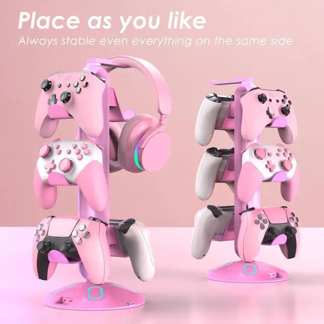 Alt view image 6 of 7 - Gaming RGB Headphone Stand, Controller Holder with 9 Light Modes - Headset Stand with 2 USB Charging Ports and 3.5mm & Type-C - Controller Stand Hanger Accessories for Desk and Gamer(Pink)