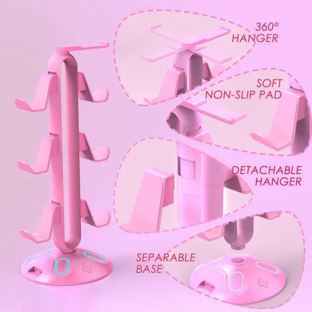 Alt view image 7 of 7 - Gaming RGB Headphone Stand, Controller Holder with 9 Light Modes - Headset Stand with 2 USB Charging Ports and 3.5mm & Type-C - Controller Stand Hanger Accessories for Desk and Gamer(Pink)