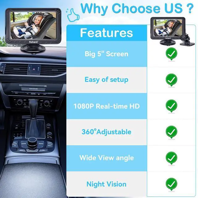 Alt view image 3 of 7 - Baby Car Camera - 5-Inch HD 1080P, Night Vision, Easy Install, Rear & Forward-Facing Seat Camera, USB Powered Baby Camera for Car, Safety for Infants and Kids, No Tools Required