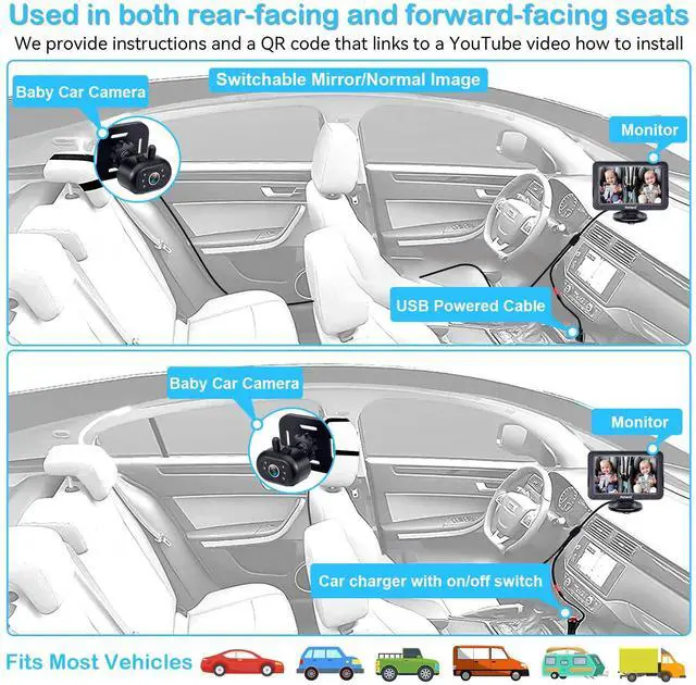 Alt view image 6 of 7 - Baby Car Camera - 5-Inch HD 1080P, Night Vision, Easy Install, Rear & Forward-Facing Seat Camera, USB Powered Baby Camera for Car, Safety for Infants and Kids, No Tools Required