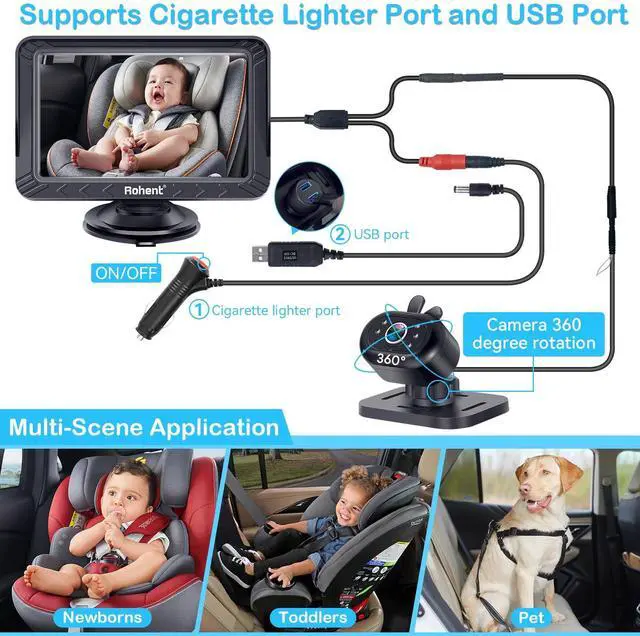 Alt view image 7 of 7 - Baby Car Camera - 5-Inch HD 1080P, Night Vision, Easy Install, Rear & Forward-Facing Seat Camera, USB Powered Baby Camera for Car, Safety for Infants and Kids, No Tools Required