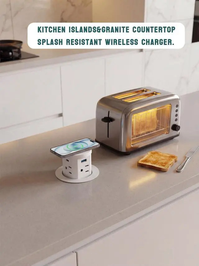 Alt view image 3 of 7 - 2.5'' Pop up Outlet for Countertop with 15W Wireless Charger, 30W USB C,4 USB Ports,4 Outlets,Pop Out Power Electrical Outlet 15Amp 1875W,ETL Listed,Countertop Outlet for Home Kitchen Office (White)