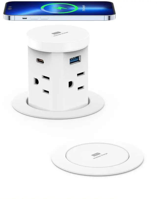 Main image of 2.5'' Pop up Outlet for Countertop with 15W Wireless Charger, 30W USB C,4 USB Ports,4 Outlets,Pop Out Power Electrical Outlet 15Amp 1875W,ETL Listed,Countertop Outlet for Home Kitchen Office (White)