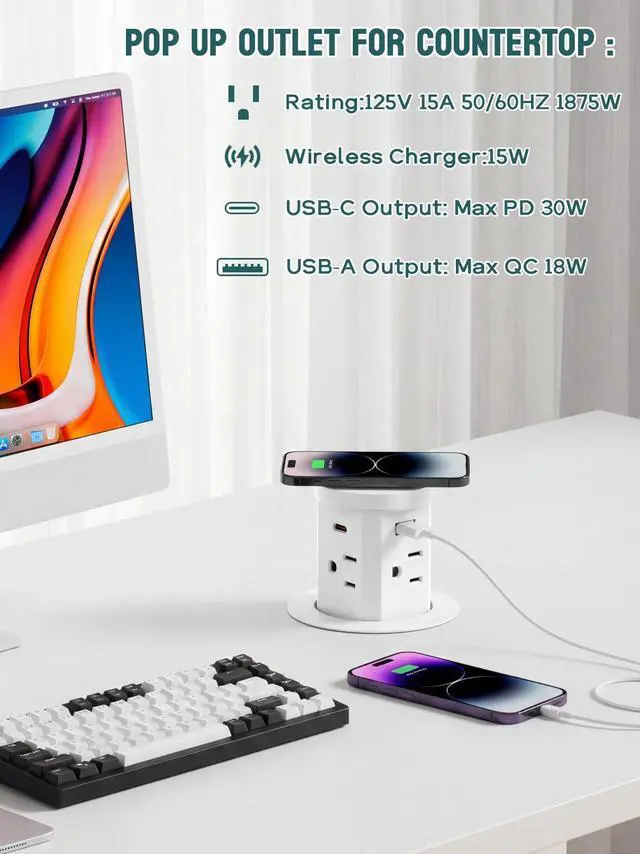 Alt view image 5 of 7 - 2.5'' Pop up Outlet for Countertop with 15W Wireless Charger, 30W USB C,4 USB Ports,4 Outlets,Pop Out Power Electrical Outlet 15Amp 1875W,ETL Listed,Countertop Outlet for Home Kitchen Office (White)