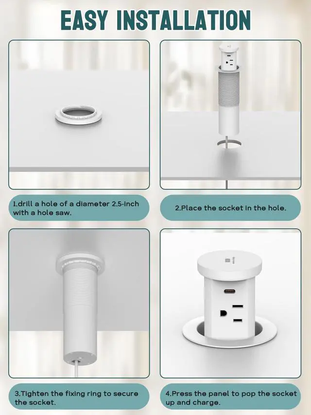 Alt view image 6 of 7 - 2.5'' Pop up Outlet for Countertop with 15W Wireless Charger, 30W USB C,4 USB Ports,4 Outlets,Pop Out Power Electrical Outlet 15Amp 1875W,ETL Listed,Countertop Outlet for Home Kitchen Office (White)