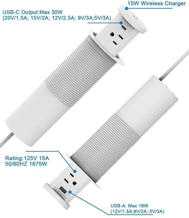 Alt view image 7 of 7 - 2.5'' Pop up Outlet for Countertop with 15W Wireless Charger, 30W USB C,4 USB Ports,4 Outlets,Pop Out Power Electrical Outlet 15Amp 1875W,ETL Listed,Countertop Outlet for Home Kitchen Office (White)
