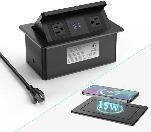Main image of Pop Up Outlet for Countertop with 20W USB C, Pop up Power Outlet with 15W Wireless Charging, 2 AC Outlets and 18W USB A Ports, Recessed Power Strip with 6FT Cords for Office, Conference, Bedroom,Black