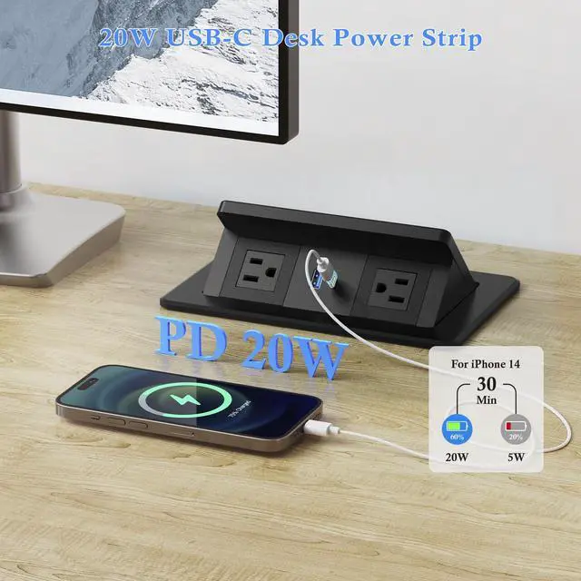 Alt view image 3 of 7 - Pop Up Outlet for Countertop with 20W USB C, Pop up Power Outlet with 15W Wireless Charging, 2 AC Outlets and 18W USB A Ports, Recessed Power Strip with 6FT Cords for Office, Conference, Bedroom,Black
