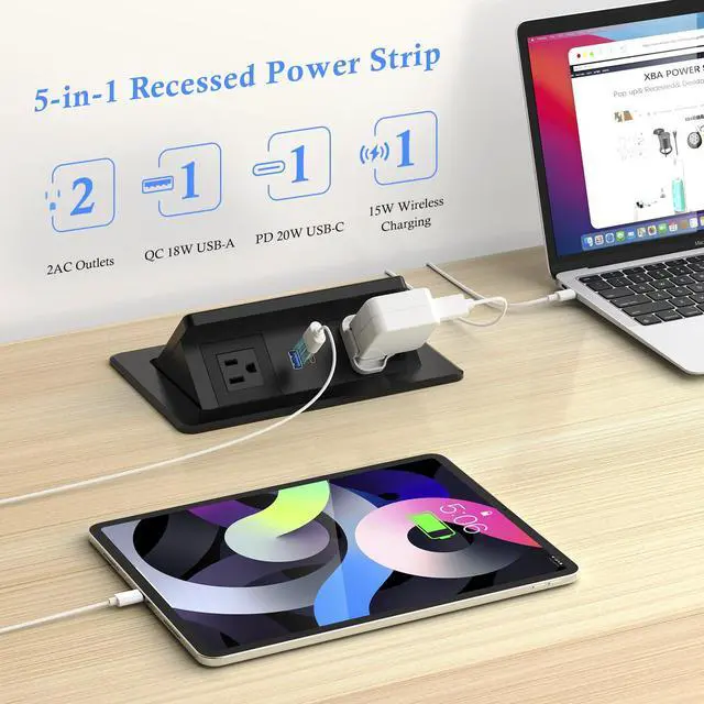 Alt view image 4 of 7 - Pop Up Outlet for Countertop with 20W USB C, Pop up Power Outlet with 15W Wireless Charging, 2 AC Outlets and 18W USB A Ports, Recessed Power Strip with 6FT Cords for Office, Conference, Bedroom,Black