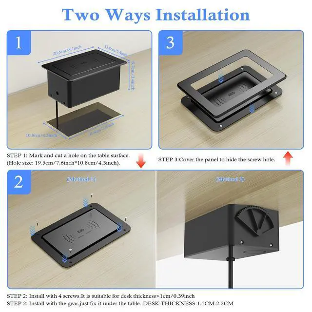 Alt view image 6 of 7 - Pop Up Outlet for Countertop with 20W USB C, Pop up Power Outlet with 15W Wireless Charging, 2 AC Outlets and 18W USB A Ports, Recessed Power Strip with 6FT Cords for Office, Conference, Bedroom,Black