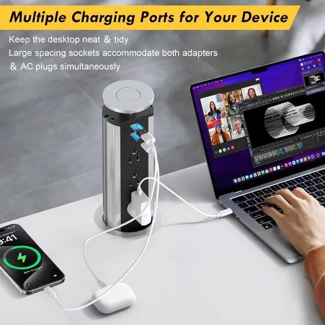 Alt view image 2 of 7 - Pop Up Electrical Outlet for Countertop, Recessed Power Strip with 3 AC Outlet & 2 USB Ports,80mm Hole Pull Pop Up Socket Hidden Outlets, Pop Out Power Outlet for Kitchen Counter Conference Desk