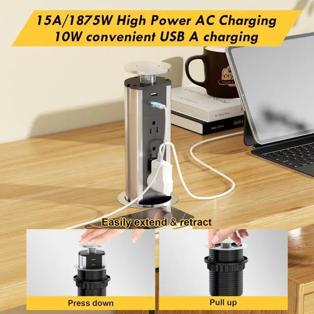 Alt view image 3 of 7 - Pop Up Electrical Outlet for Countertop, Recessed Power Strip with 3 AC Outlet & 2 USB Ports,80mm Hole Pull Pop Up Socket Hidden Outlets, Pop Out Power Outlet for Kitchen Counter Conference Desk