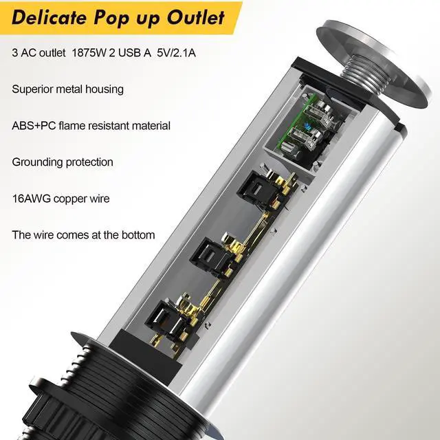 Alt view image 4 of 7 - Pop Up Electrical Outlet for Countertop, Recessed Power Strip with 3 AC Outlet & 2 USB Ports,80mm Hole Pull Pop Up Socket Hidden Outlets, Pop Out Power Outlet for Kitchen Counter Conference Desk