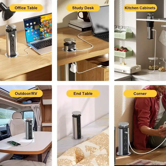 Alt view image 5 of 7 - Pop Up Electrical Outlet for Countertop, Recessed Power Strip with 3 AC Outlet & 2 USB Ports,80mm Hole Pull Pop Up Socket Hidden Outlets, Pop Out Power Outlet for Kitchen Counter Conference Desk
