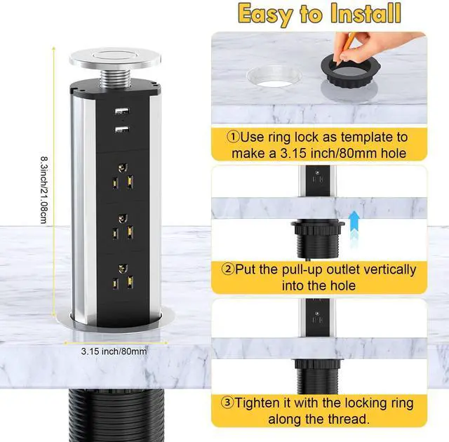 Alt view image 6 of 7 - Pop Up Electrical Outlet for Countertop, Recessed Power Strip with 3 AC Outlet & 2 USB Ports,80mm Hole Pull Pop Up Socket Hidden Outlets, Pop Out Power Outlet for Kitchen Counter Conference Desk