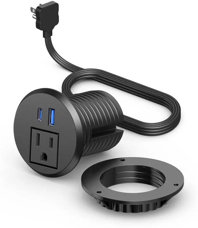 Main image of 2 inch Desktop Power Grommet with PD 20W USB C,Ultra Thin Flat Plug Power Strip,Recessed Outlet,Slim Outlet Extender for Office,Table Outlets for Home, Office,6 ft Cable(Black)