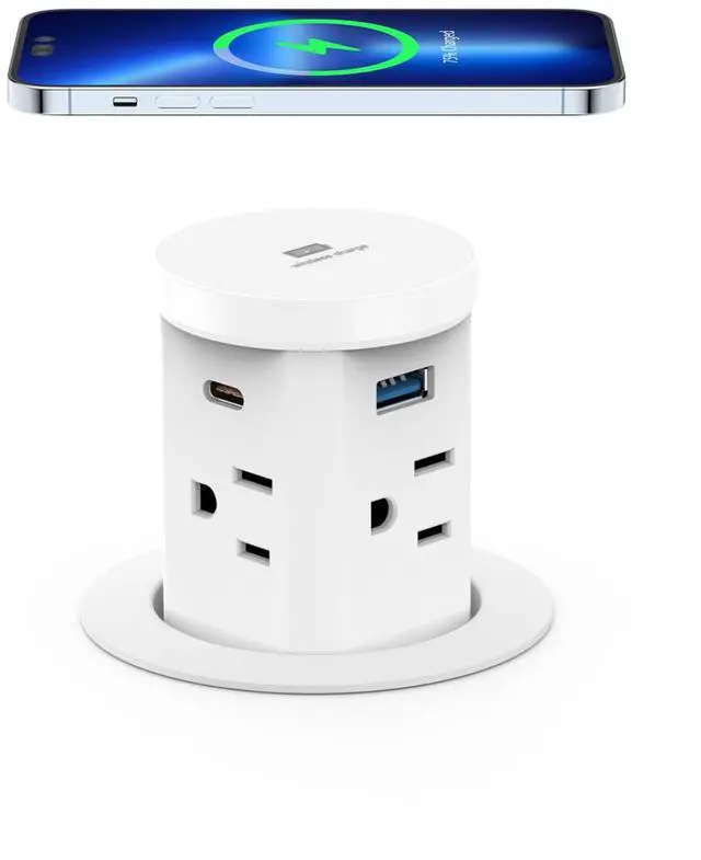 Main image of 2.4" Pop Up Outlet with 30W USB-C, Haiaoyyds Recessed Power Strip with 4 AC Outlets & 4 USB Ports, 15W Wireless Charger, 1.5M Cord, Desk Outlets for Countertops, Kitchen Island (White)