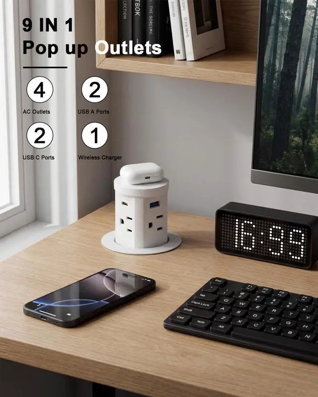 Alt view image 2 of 7 - 2.4" Pop Up Outlet with 30W USB-C, Haiaoyyds Recessed Power Strip with 4 AC Outlets & 4 USB Ports, 15W Wireless Charger, 1.5M Cord, Desk Outlets for Countertops, Kitchen Island (White)