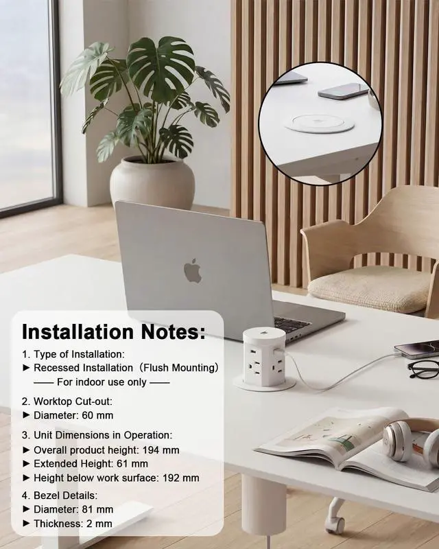 Alt view image 5 of 7 - 2.4" Pop Up Outlet with 30W USB-C, Haiaoyyds Recessed Power Strip with 4 AC Outlets & 4 USB Ports, 15W Wireless Charger, 1.5M Cord, Desk Outlets for Countertops, Kitchen Island (White)