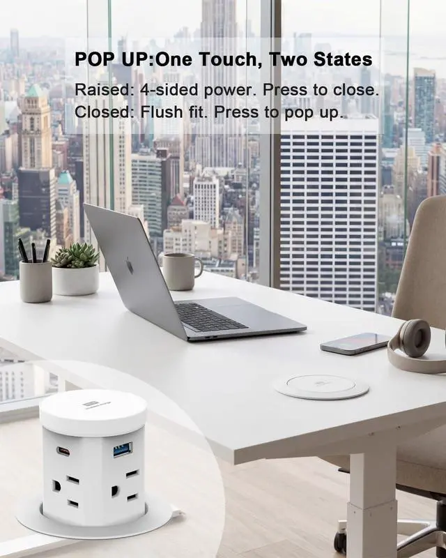 Alt view image 7 of 7 - 2.4" Pop Up Outlet with 30W USB-C, Haiaoyyds Recessed Power Strip with 4 AC Outlets & 4 USB Ports, 15W Wireless Charger, 1.5M Cord, Desk Outlets for Countertops, Kitchen Island (White)