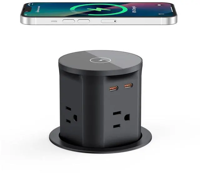Main image of Pop Up Outlet for Countertop with 15W Wireless Charger, 20W USB C Fast Charging & 4 AC Outlet, 3.35 (85mm) Hole Desk Pop Out Outlet for Office, Conference, Kitchen Countertop(Black)
