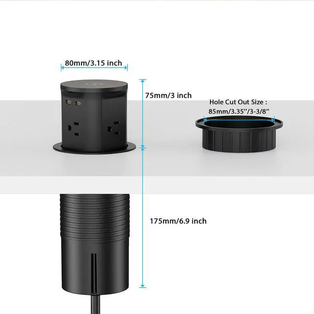 Alt view image 6 of 6 - Pop Up Outlet for Countertop with 15W Wireless Charger, 20W USB C Fast Charging & 4 AC Outlet, 3.35 (85mm) Hole Desk Pop Out Outlet for Office, Conference, Kitchen Countertop(Black)
