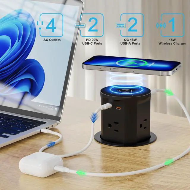 Alt view image 2 of 6 - Pop Up Outlet for Countertop with 15W Wireless Charger, 20W USB C Fast Charging & 4 AC Outlet, 3.35 (85mm) Hole Desk Pop Out Outlet for Office, Conference, Kitchen Countertop(Black)