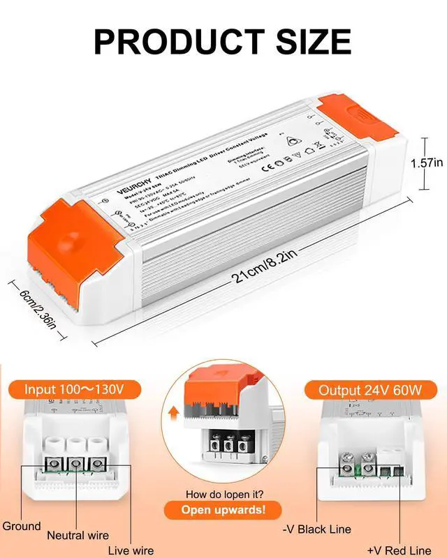 Alt view image 3 of 7 - 24V Dimmable LED Driver, 60 Watt Dimmable LED Power Supply AC 120V to DC 24V Compatible with Lutron & Leviton Dimmer Switches, 24 Volt Led Transformer 60W for Strip Lights Smooth Dimming