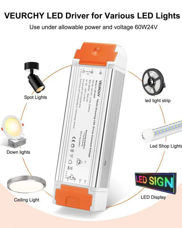 Alt view image 7 of 7 - 24V Dimmable LED Driver, 60 Watt Dimmable LED Power Supply AC 120V to DC 24V Compatible with Lutron & Leviton Dimmer Switches, 24 Volt Led Transformer 60W for Strip Lights Smooth Dimming